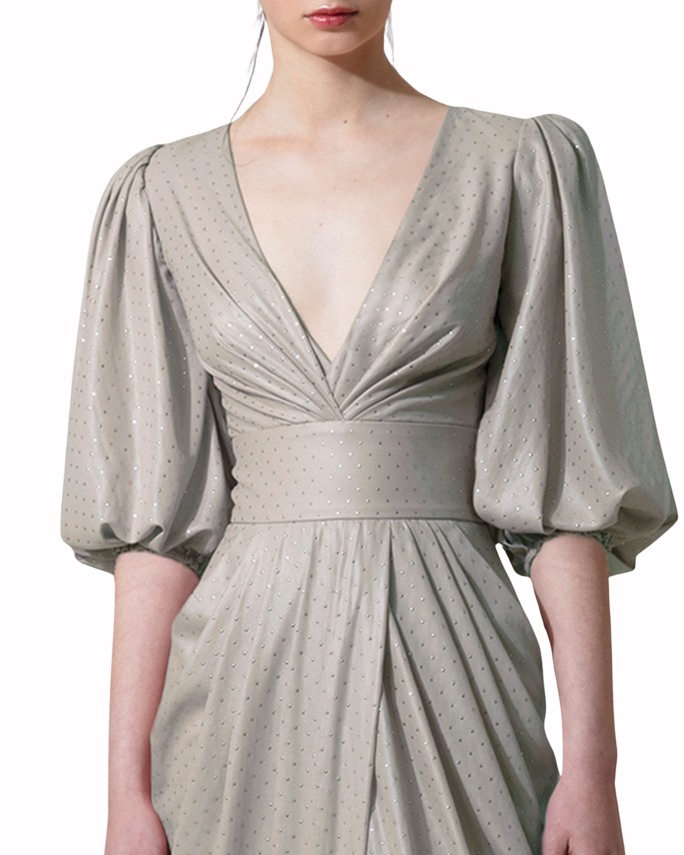 فستان طويل رمادي برقبة V