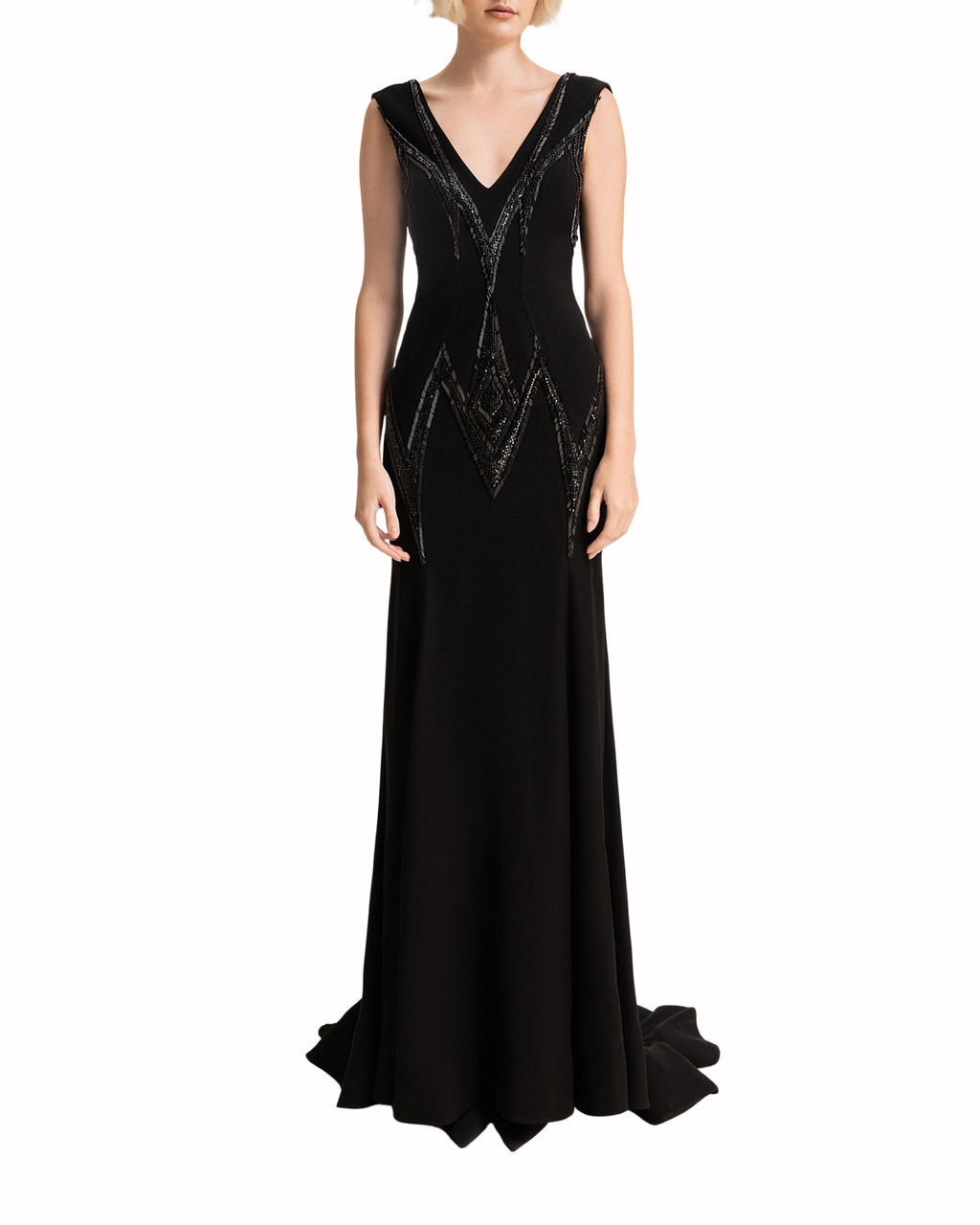 Fitted Long Beaded Deep V-Neck Dress CD0216 main image 0