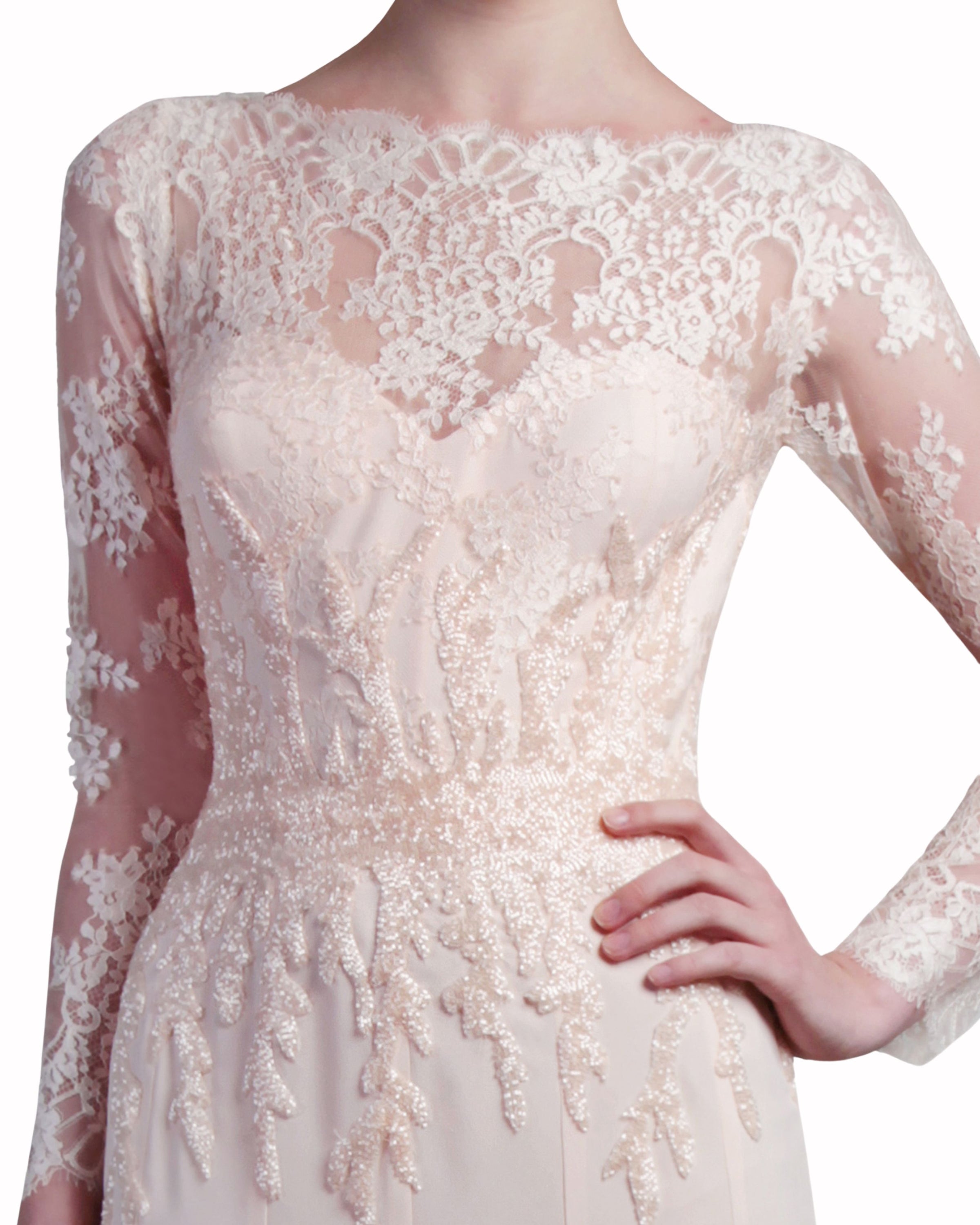 فستان دانتيل بياقة شفافة