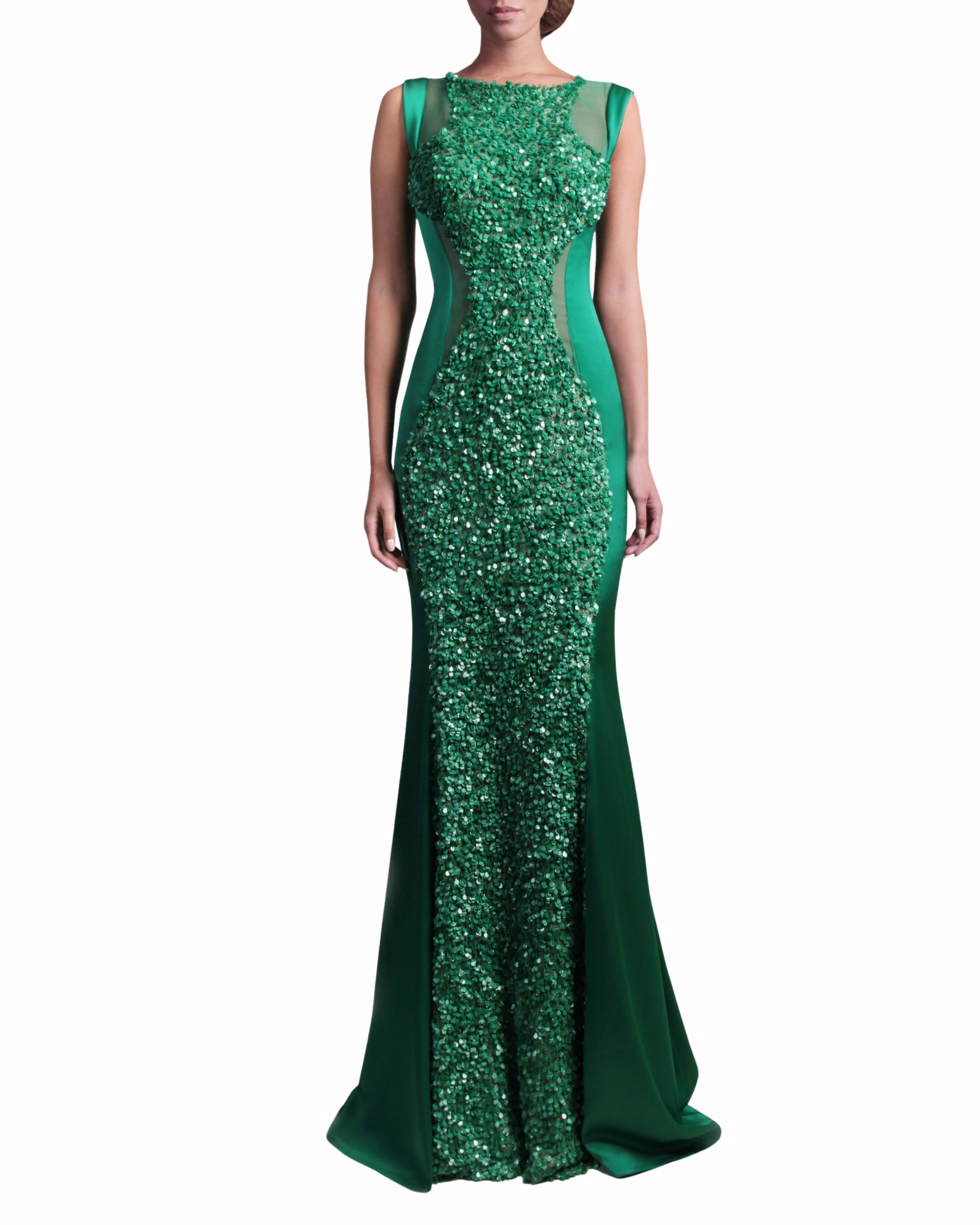 فستان طويل مغطى بالترتر مع ظهر شفاف