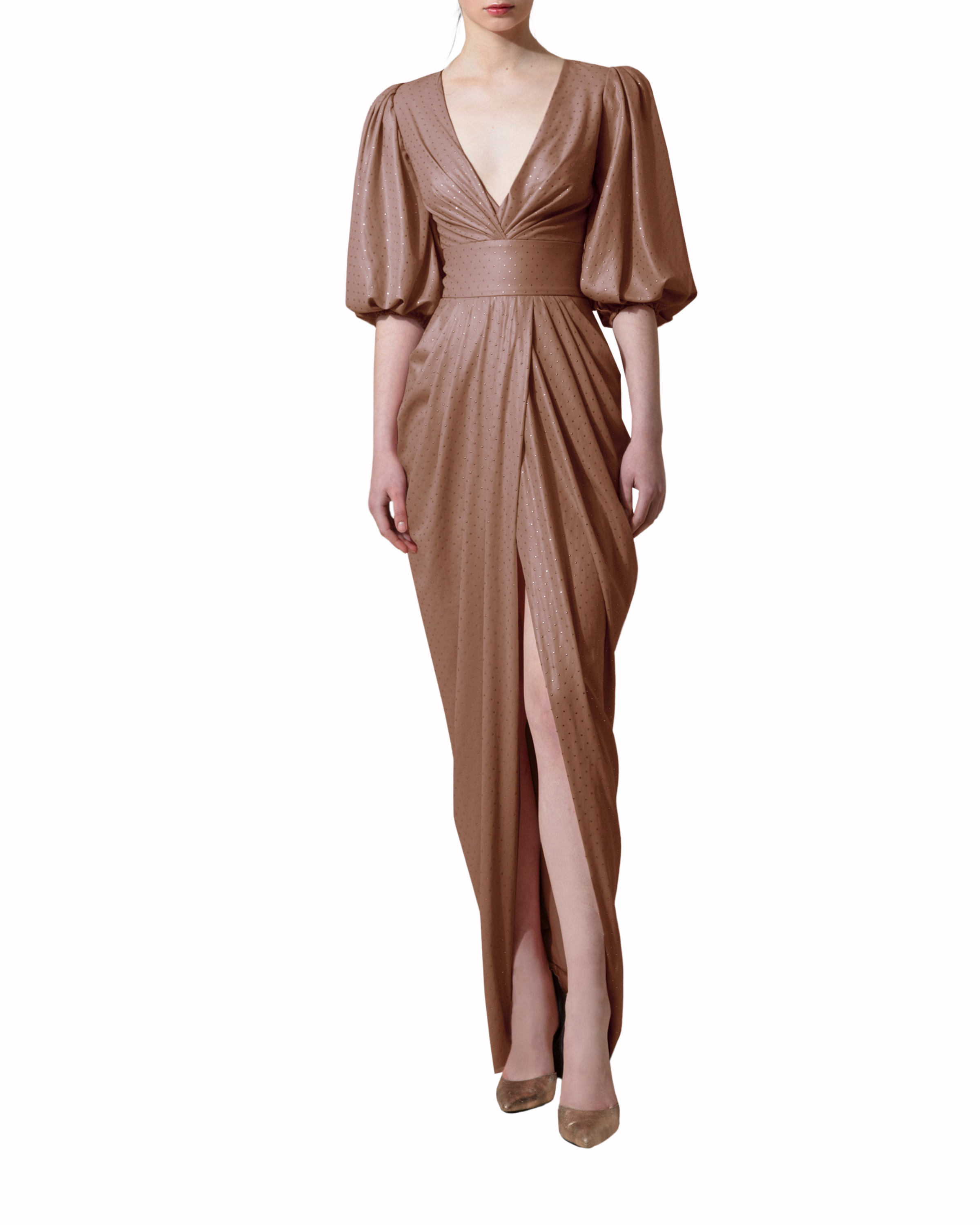 فستان طويل بني برقبة V