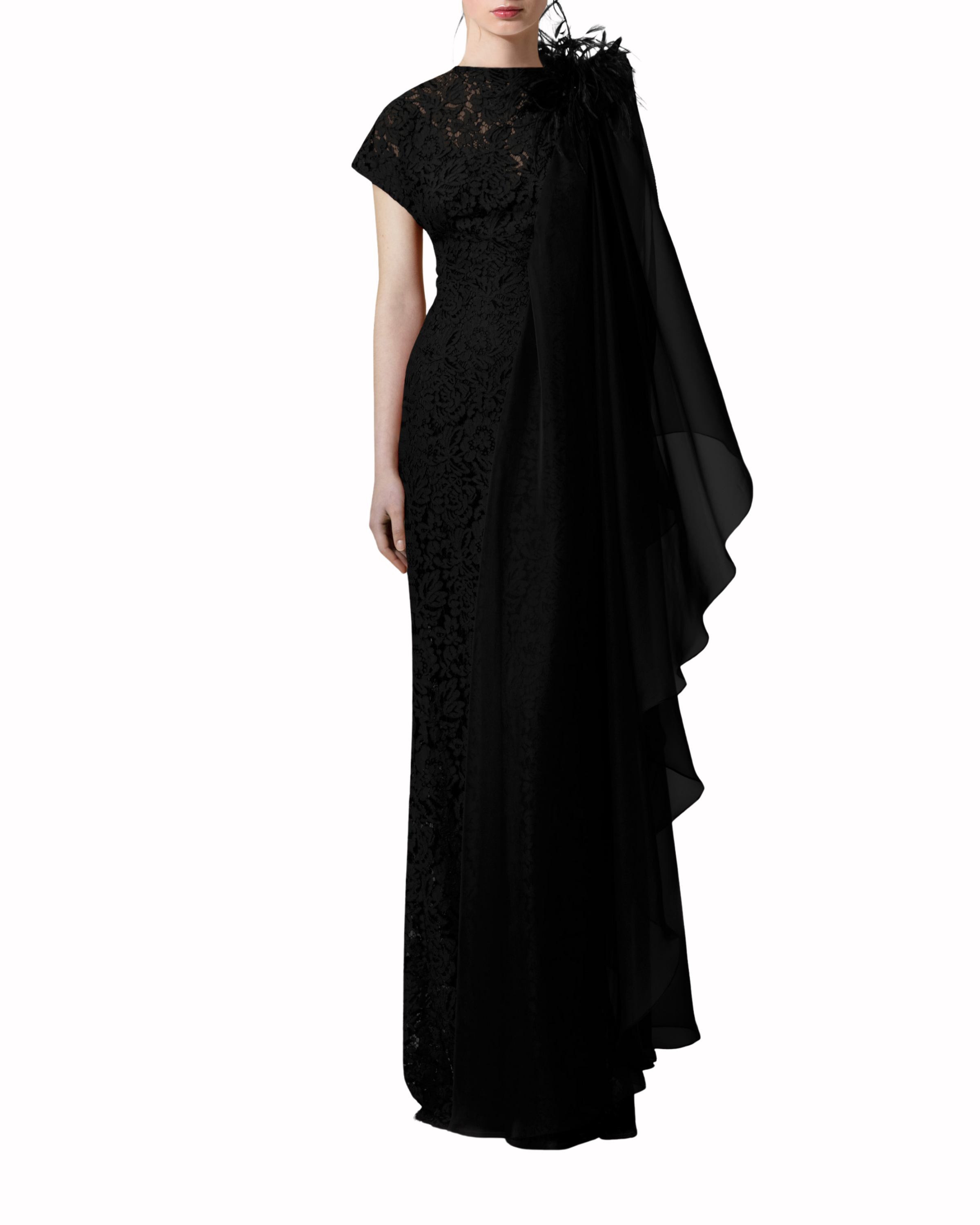 فستان أسود شيفون وريش