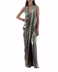 فستان سيلفر طويل بكسرات