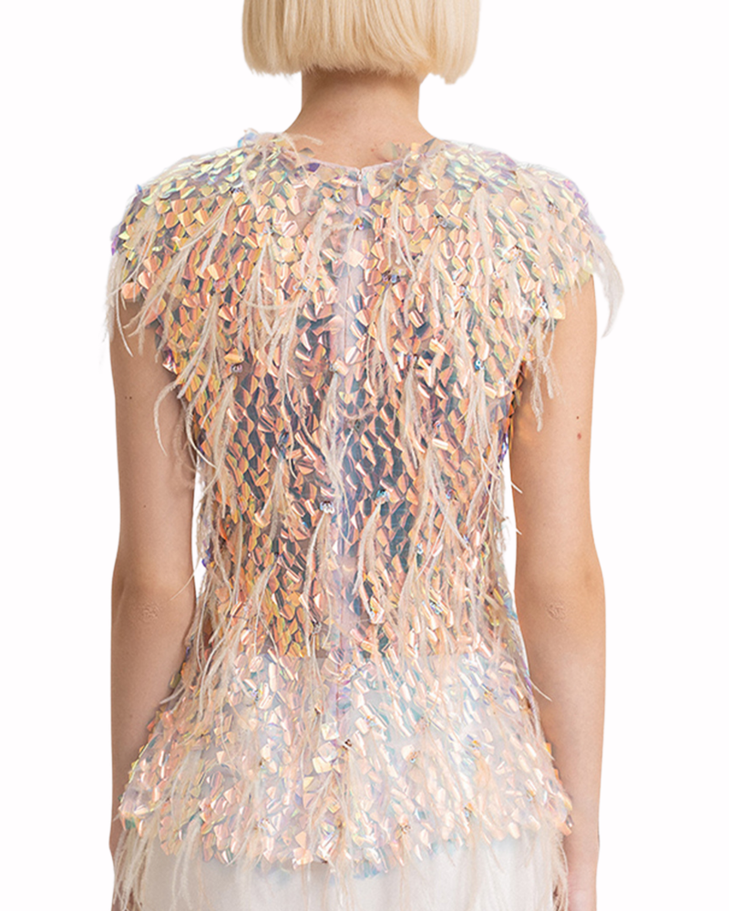 Sequined Top with Feathers