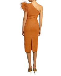 One-Shoulder Feather Mustard Dress