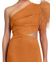 One-Shoulder Feather Mustard Dress