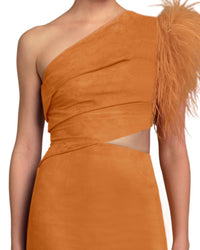 One-Shoulder Feather Mustard Dress