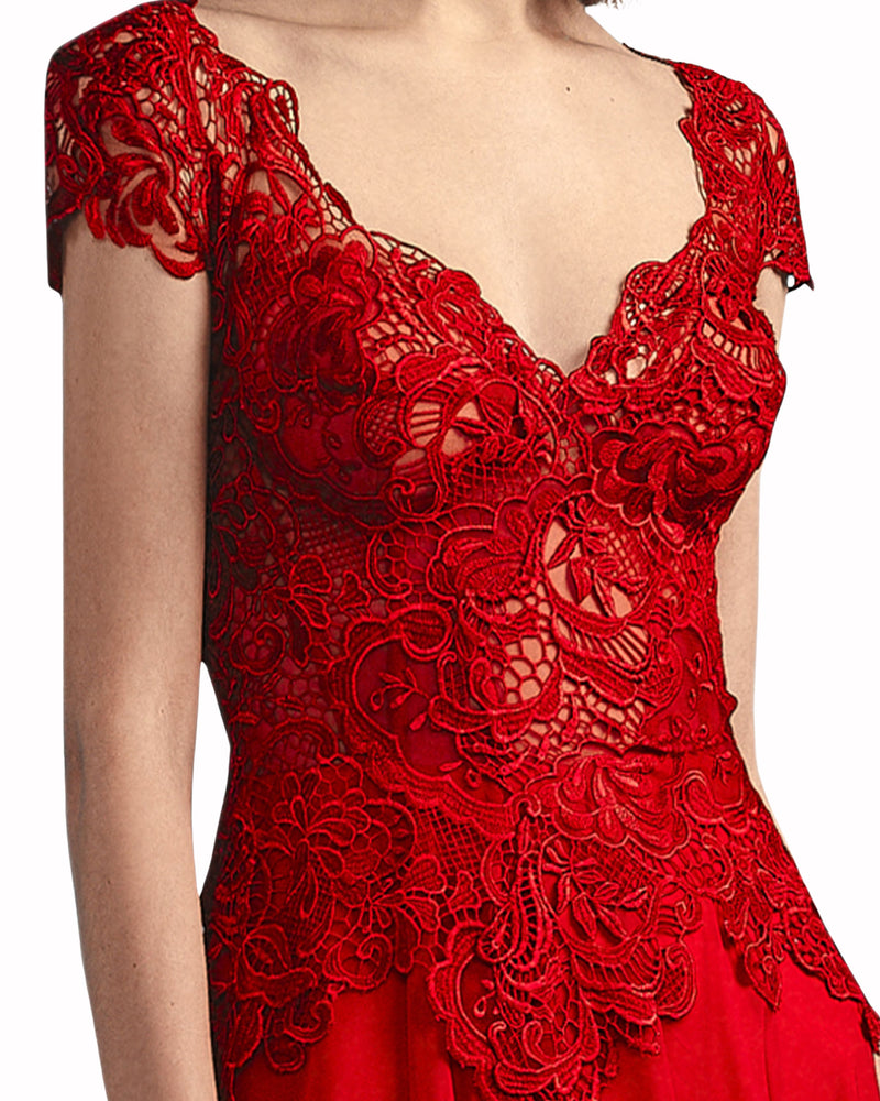 Red Lace & Chiffon V-Neck Evening Dress