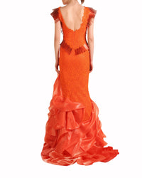 Lace Bodice Cascading Ruffle Gown