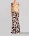 A long multicolored evening dress featuring short sleeves and an embroidered lace bodice.