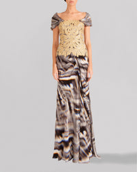 A long multicolored evening dress featuring short sleeves and an embroidered lace bodice.