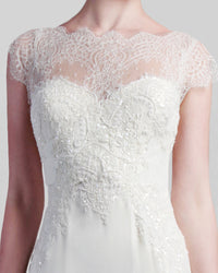 A close-up of an ivory dress featuring a beaded lace bodice with short-sleeves.
