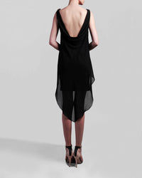 The back of a short black evening dress with an asymmetrical chiffon overlay, featuring an open back.