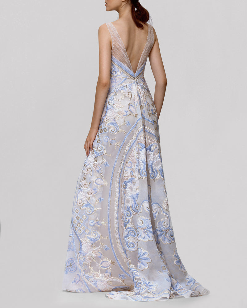 Blue Embroidered Tulle Dress