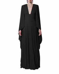 Fully Pleated Black Kaftan With Deep V-Neck