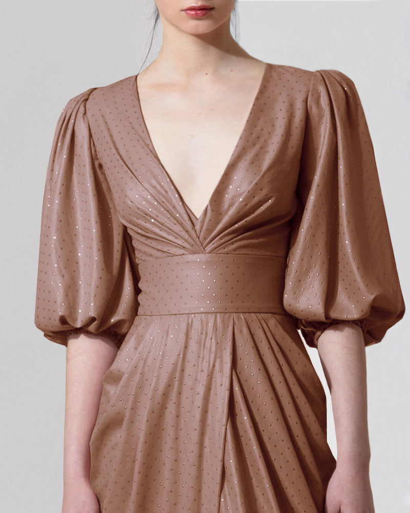 Long Brown Dress With Deep V-Neck