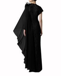 Feather and Chiffon Fitted Black Dress