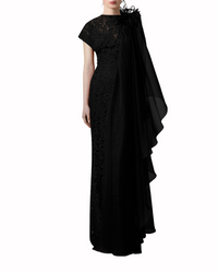 Feather and Chiffon Fitted Black Dress