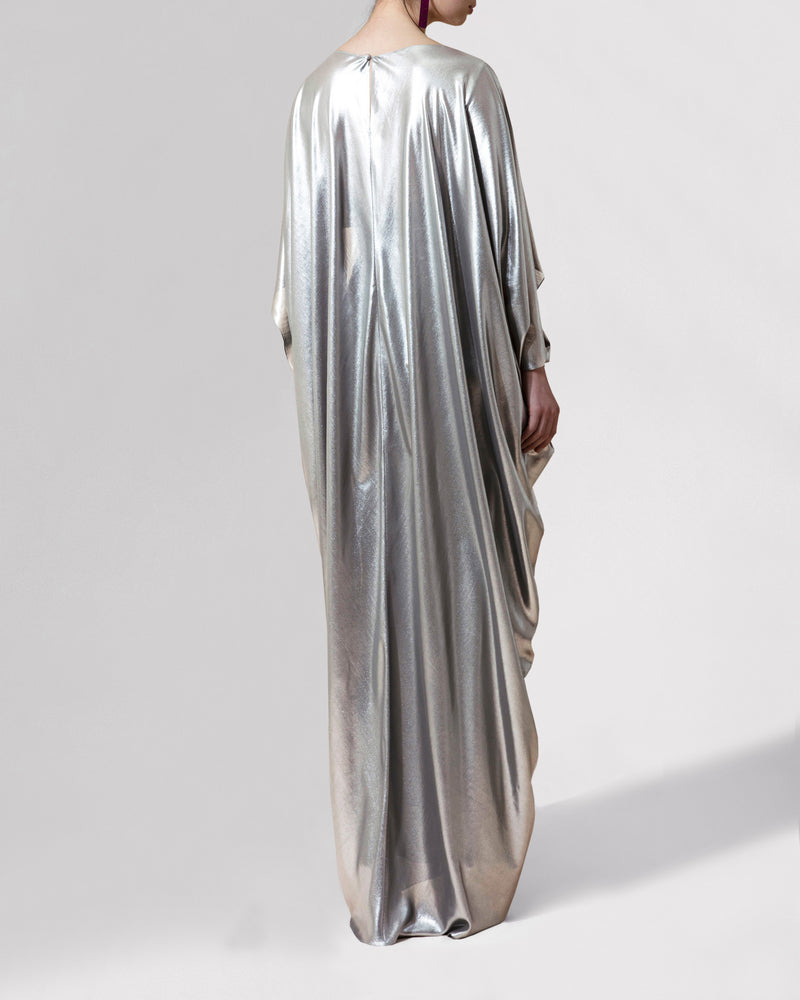 Cape-Like Long Draped Silver Dress