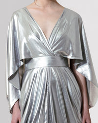 Cape-Like Long Draped Silver Dress