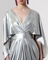 Cape-Like Long Draped Silver Dress