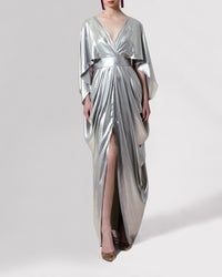 Cape-Like Long Draped Silver Dress