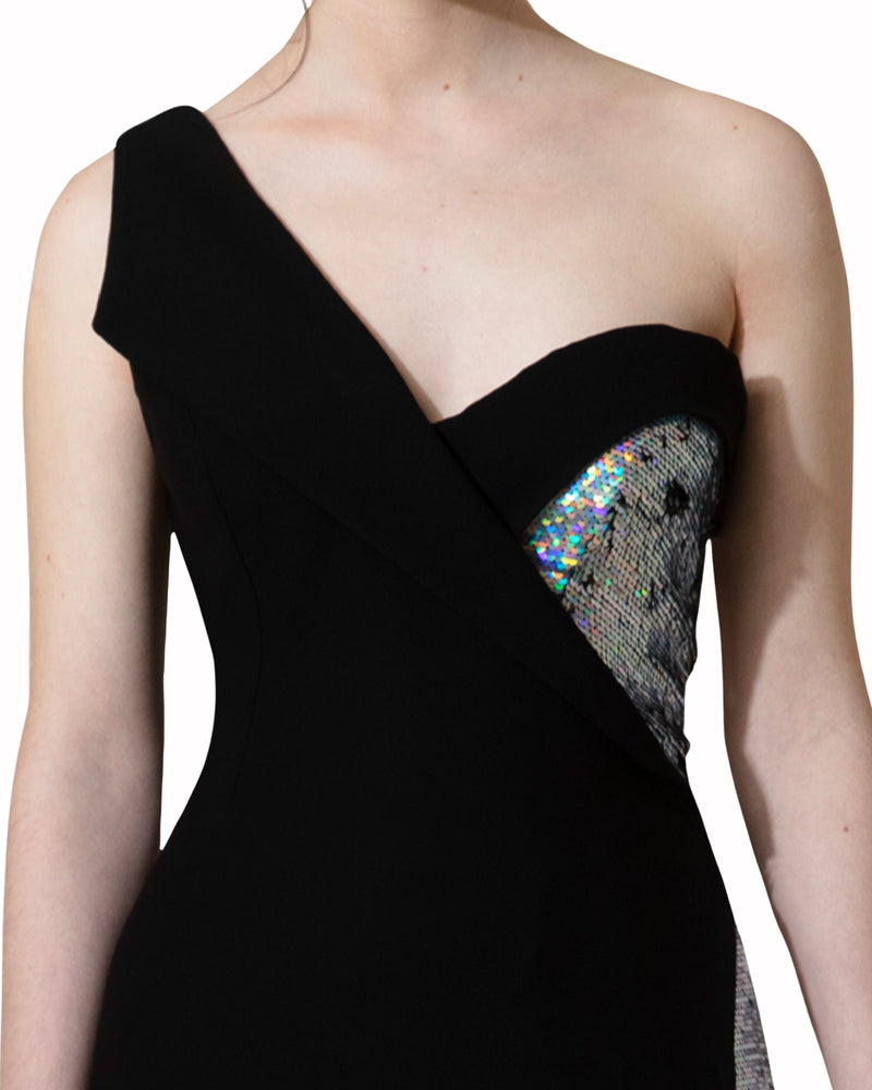 Bi-Fabric Asymmetrical-Cut Dress