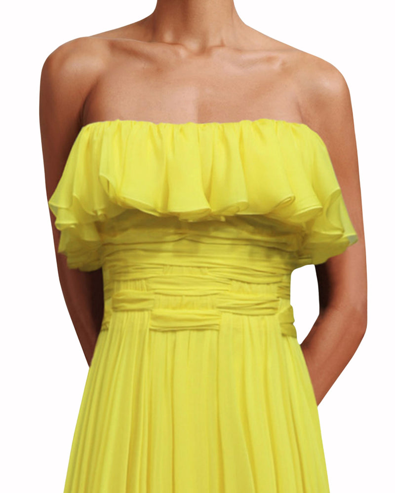 Strapless Cut Flared Yellow Dress