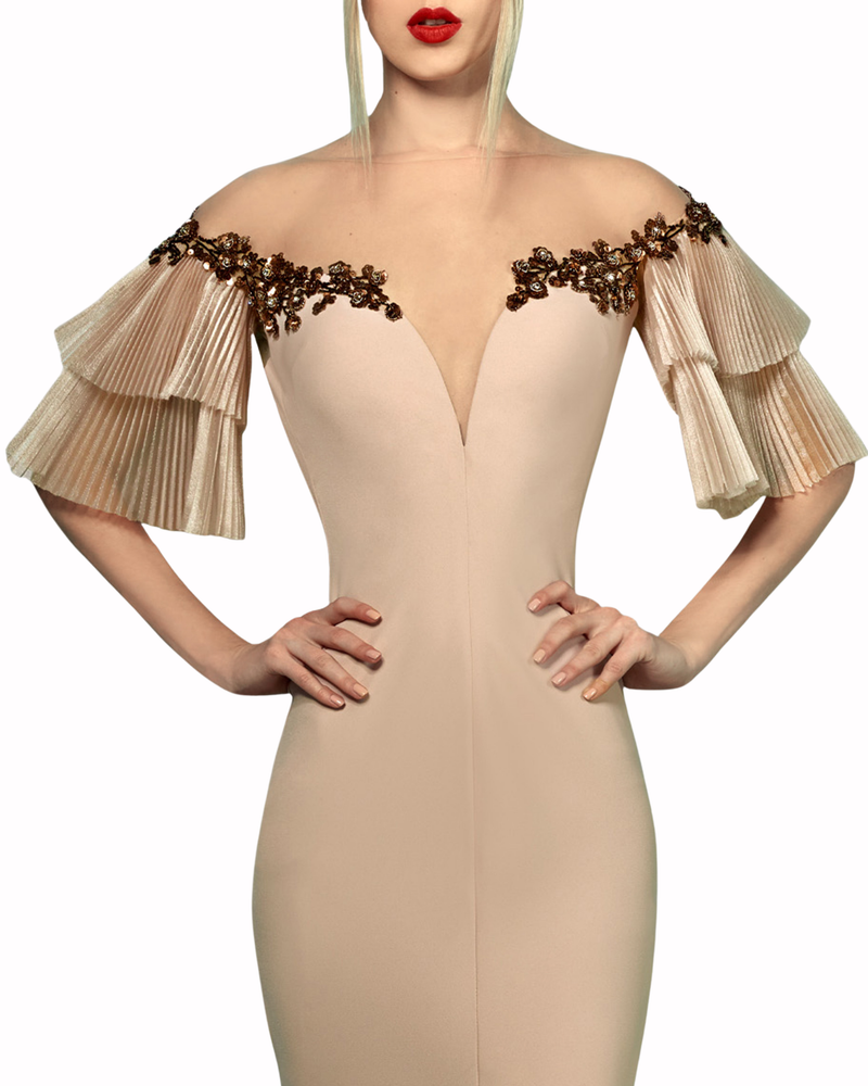 Off-Shoulder with Pleated Sleeves Dress