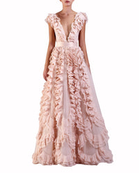 Ruffled V-Neck Tulle Dress
