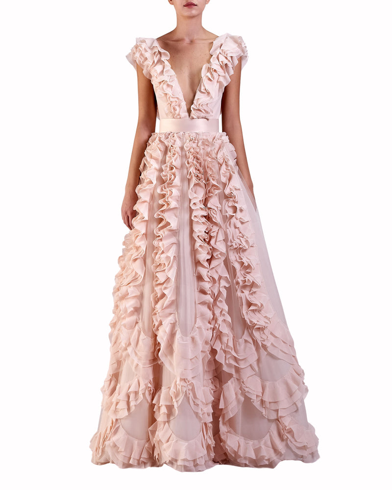 Ruffled V-Neck Tulle Dress