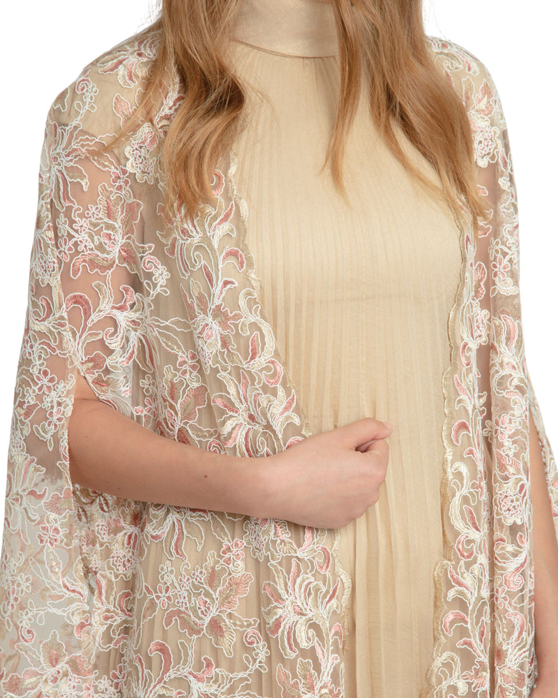 Pleated Kaftan with Embroidered Cape