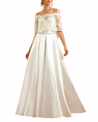 Off-Shoulder Satin Dress with Lace Overlay