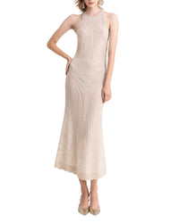 Gold Slim-Cut Pattern Lace Midi Dress