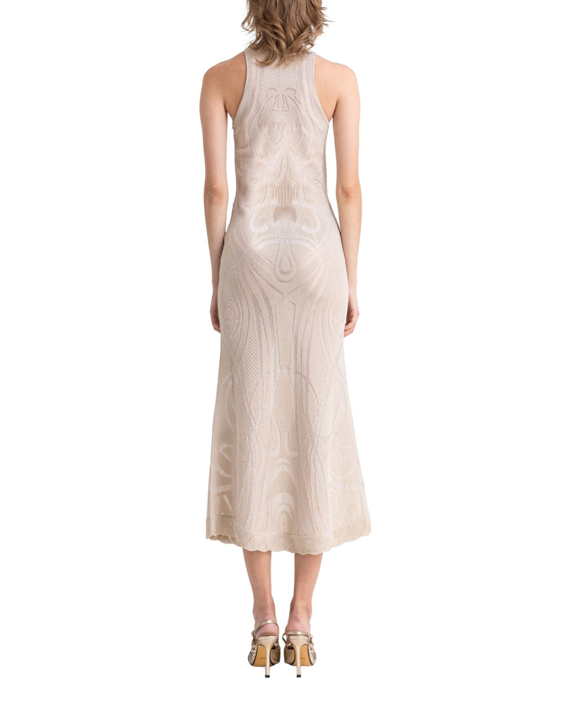 Gold Slim-Cut Pattern Lace Midi Dress
