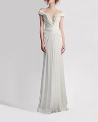 Off-Shoulder Draped Dress with Embroidered Neckline